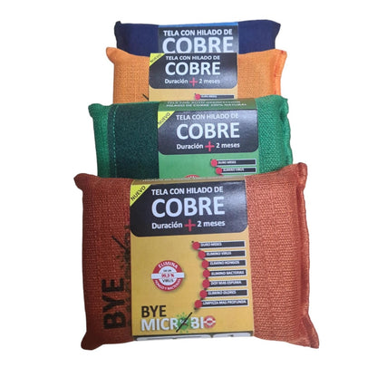 NUEVO Pack 4  Esponjas colores en Cobre, Bye Microbio de 7 x 10 cocina, multiuso.
