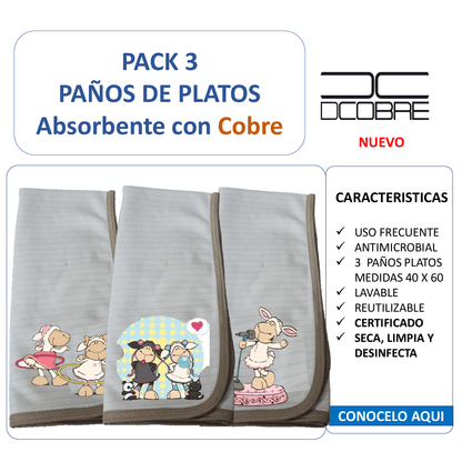 Pack 3 paños de platos  absorbente  OVEJAS COQUETAS, tela cobre activo (grueso).