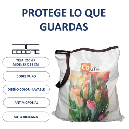 Bolsa Reutilizable con COBRE activo. Diseño Flores (tela 250gr) - DCobre