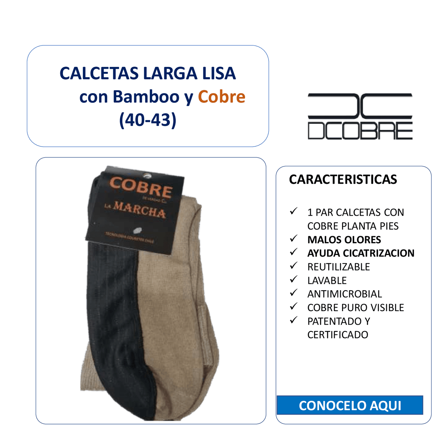 Calceta larga lisa Bamboo y Cobre, refuerzo planta pies con cobre puro, LA MARCHA, LIQUIDACIÓN.