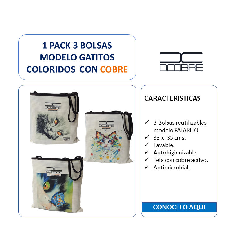 Pack 3 Bolsas reutilizables cobre activo. Modelo GATITOS COLORIDOS