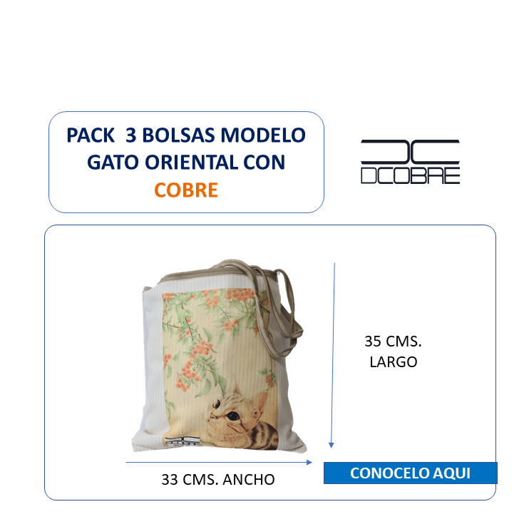 Pack 3 bolsas reutilizable Modelo Gato Oriental con Cobre.