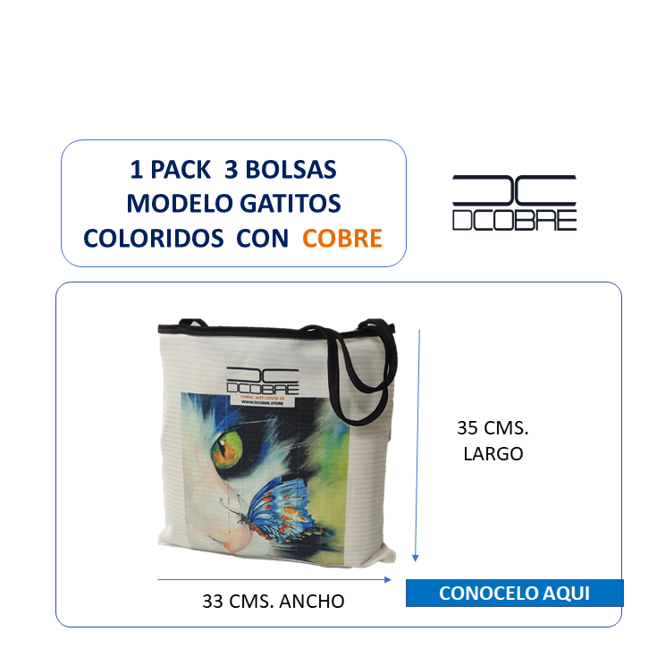 Pack 3 Bolsas reutilizables cobre activo. Modelo GATITOS COLORIDOS