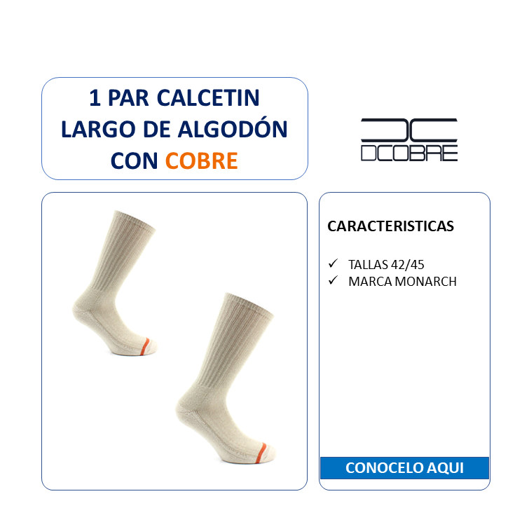 1 Par calcetín largo de algodón con cobre. Marca Monarch- GRUESO INVIERNO ART. 228, LIQUIDACIÓN.