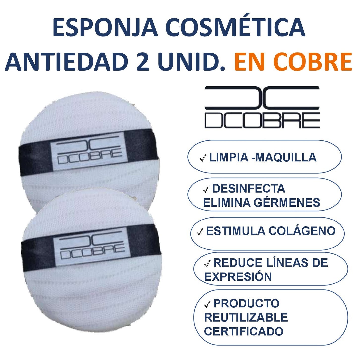 Esponja cosmética Purifica la piel y estimula colageno, 2 unid. en Cobre.