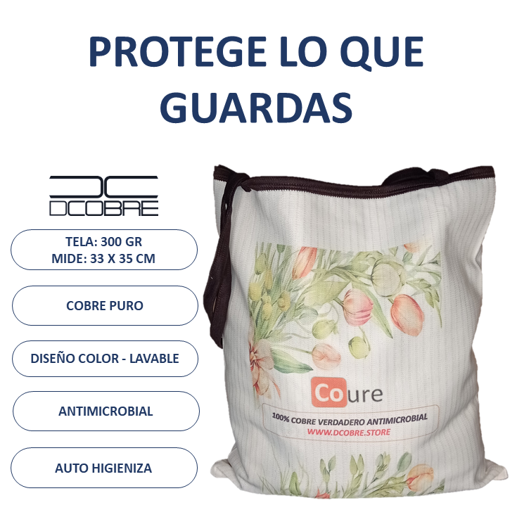 Bolsa Reutilizable con COBRE activo. Diseño FLOR (tela 300gr) - DCobre