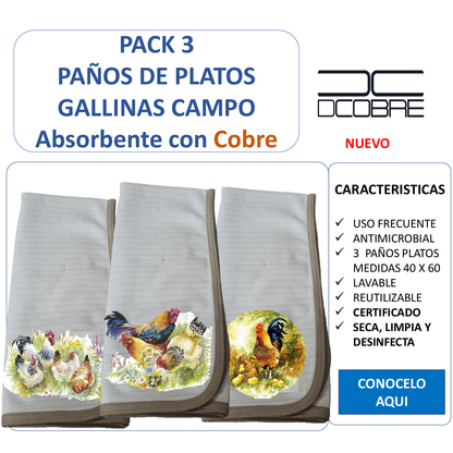 Pack 3 paños de platos  absorbente  GALLINAS DEL CAMPO , tela cobre activo (grueso).