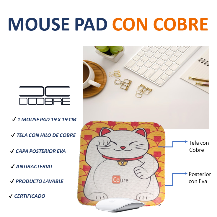 Mouse Pad con COBRE activo. Gato de la fortuna - DCobre