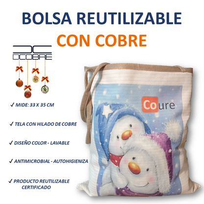 Bolsa Reutilizable con COBRE activo. Navidad Diseño MUÑECOS DE NIVE 1 (tela 300gr)