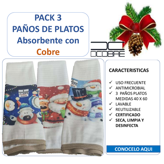 Pack 3 paños de platos  absorbentes Mod. OSO POLAR  NAVIDAD, tela cobre activo (grueso)