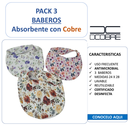 Pack 3 baberos con cobre activo diseño FLORES y otros diseños.