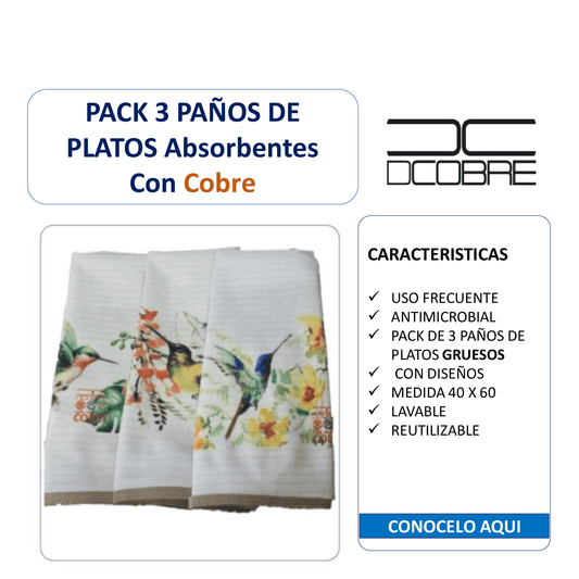 Pack 3 paños de platos Cobre absorbentes Mod. colibrí , tela cobre activo (grueso).