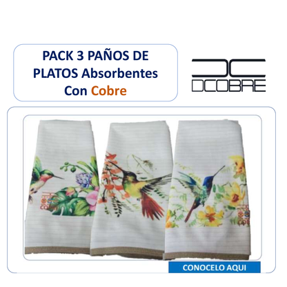 Pack 3 paños de platos Cobre absorbentes Mod. colibrí , tela cobre activo (grueso).