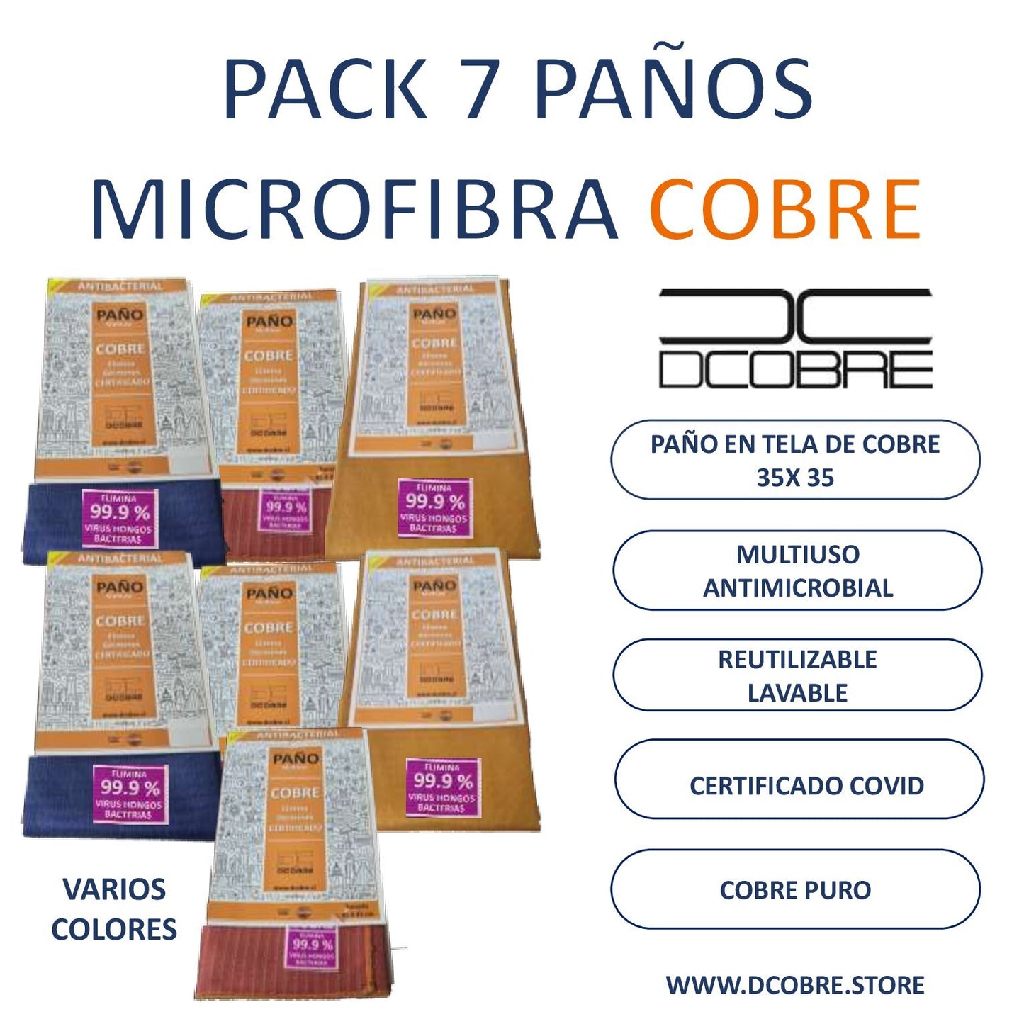 Pack 7 unid. paños microfibra con cobre activo. 35 x 35 cms para empresa x mayor o reventa