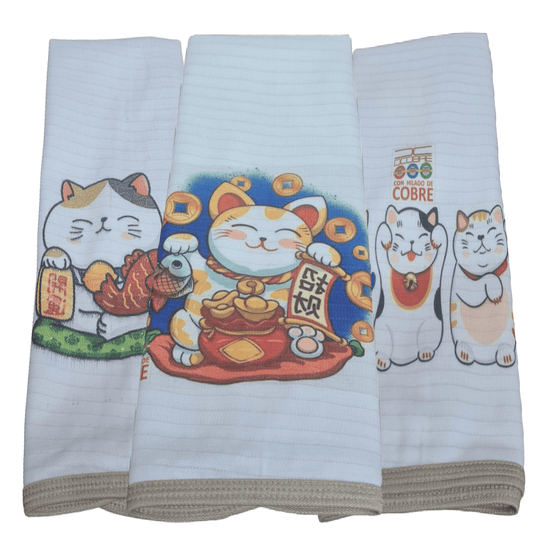 Pack 3 paños de platos  absorbente GATO DE LA FORTUNA , tela cobre activo (grueso) NUEVO