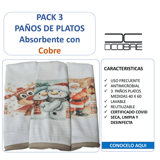 Pack 3 paños de platos  absorbentes Mod. NAVIDAD, tela cobre activo (grueso).