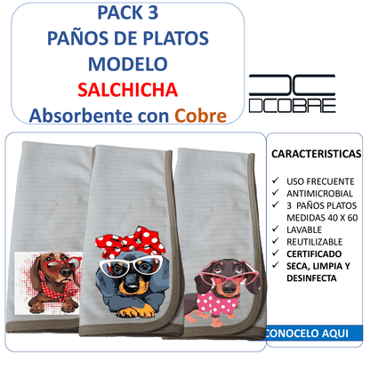 Pack 3 paños de platos  absorbente  SALCHICHA  , tela cobre activo (grueso).