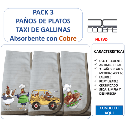 Pack 3 paños de platos  absorbente  TAXI DE GALLINAS , tela cobre activo (grueso).