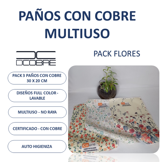 Pack 3 Paños con Diseños y COBRE activo. PACK FLORES - DCobre