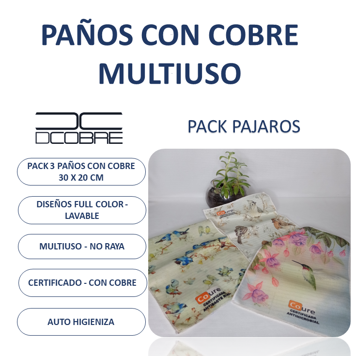 Pack 3 Paños con Diseños y COBRE activo. PACK PAJAROS - DCobre