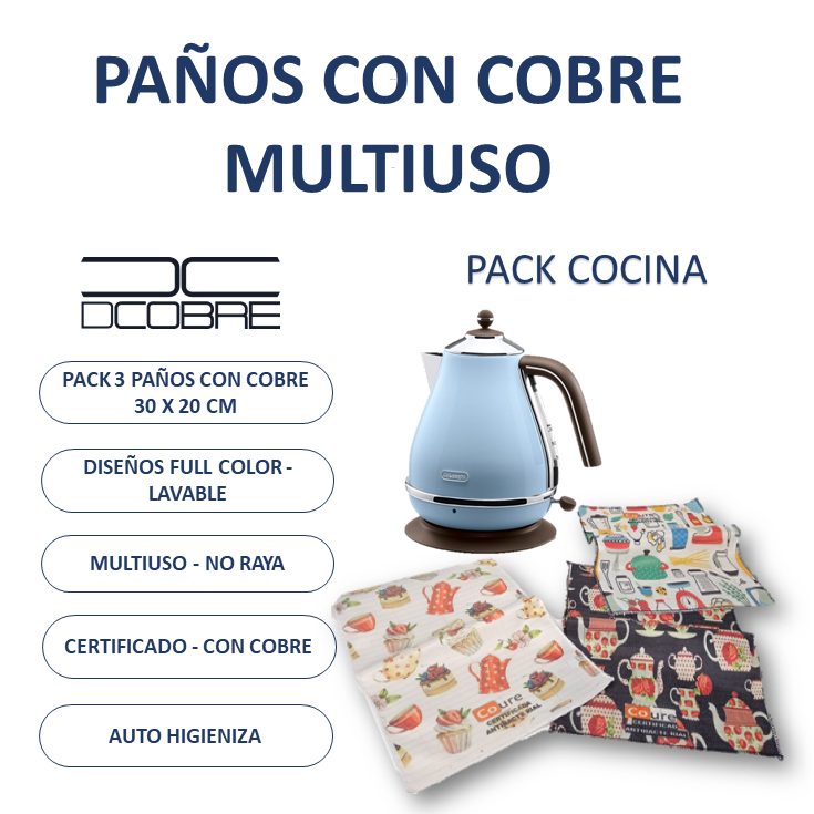 Pack 3 Paños con Diseños y COBRE activo. PACK COCINA - DCobre