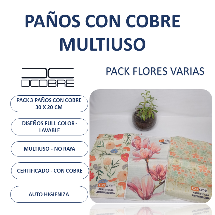 Pack 3 Paños con Diseños y COBRE activo. PACK FLORES VARIAS - DCobre