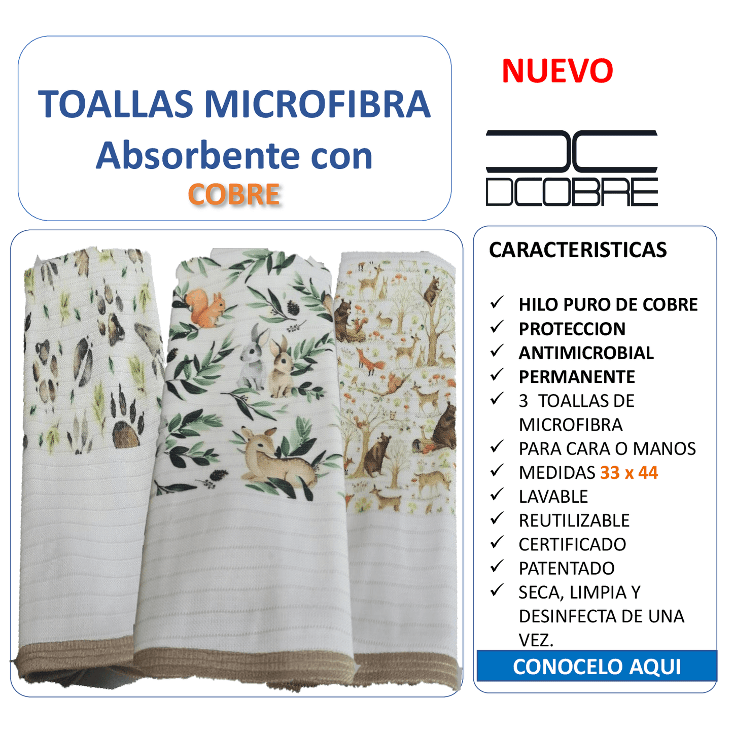 Pack 3 toallas de microfibra  absorbente diseño Animalitos del Bosque, tela cobre activo (grueso) 33x 44