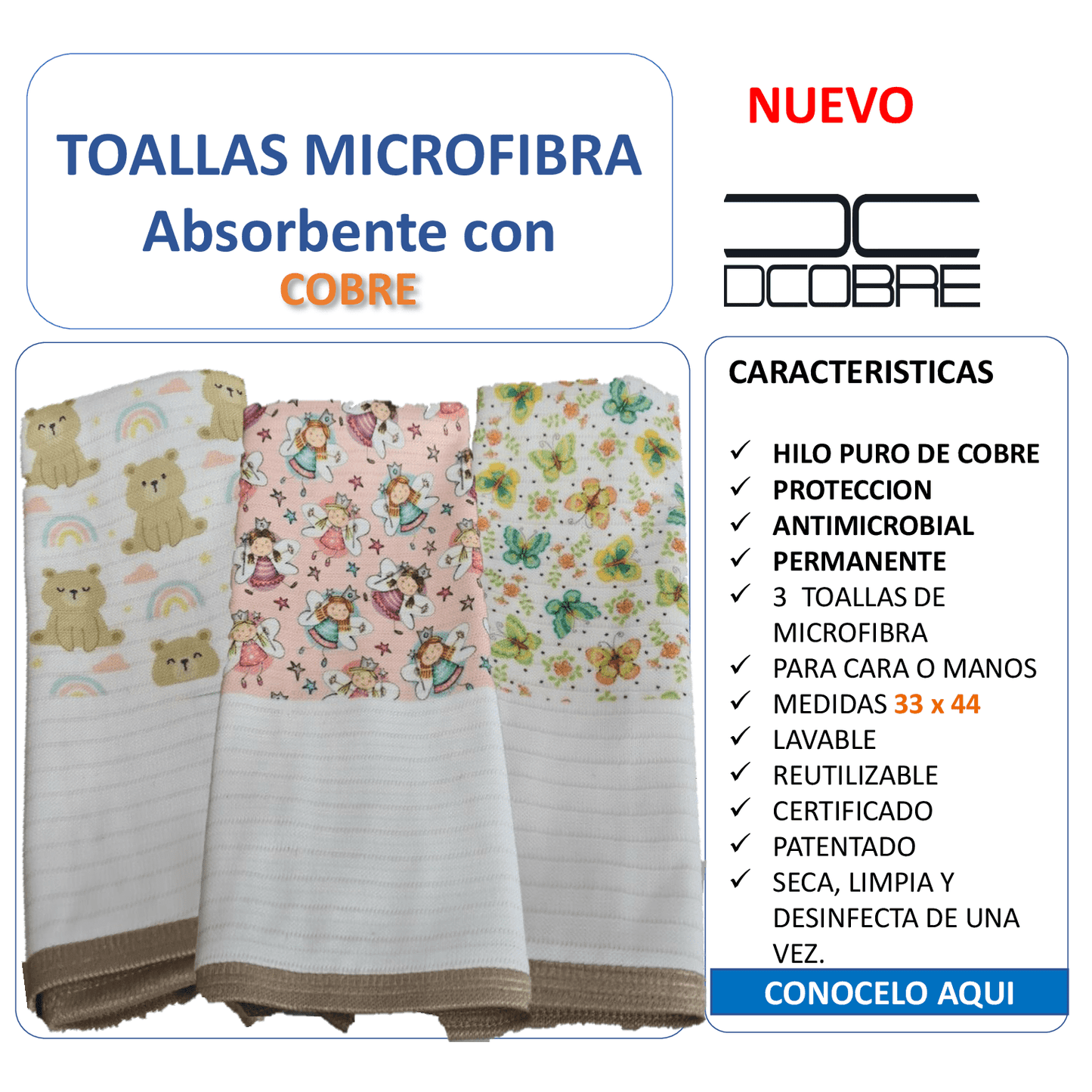 Pack 3 toallas de microfibra  absorbente diseño Hada, tela cobre activo (grueso) 33x 44
