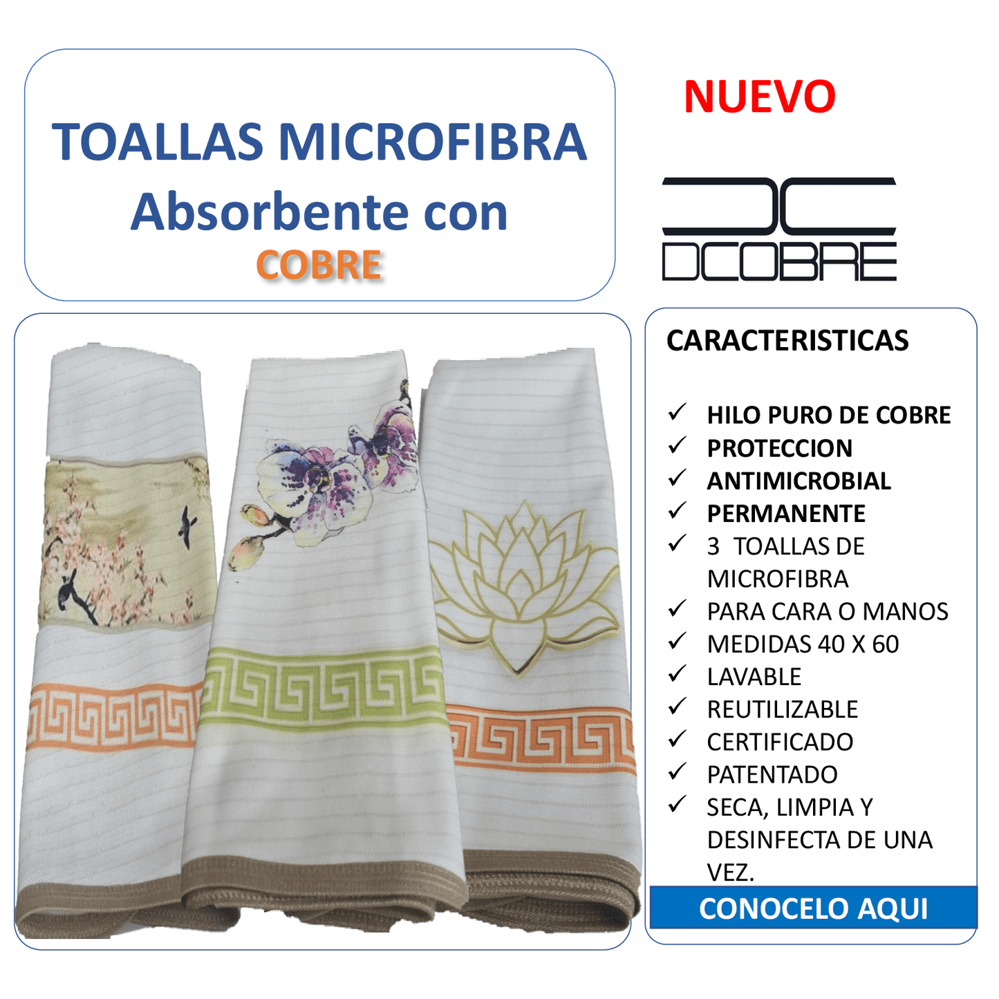 Pack 3 toallas de microfibra  absorbente diseño orquídea, tela cobre activo (grueso).