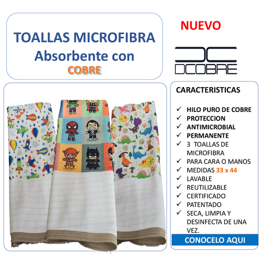 Pack 3 toallas de microfibra  absorbente diseño Super Héroe, tela cobre activo (grueso) 33x 44